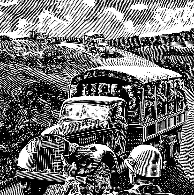 Historical Military Convoy in Engraved Black and White Artwork