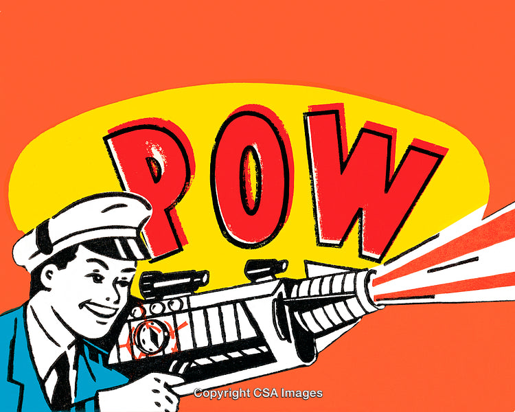 Retro Comic Illustration of Man and Blaster with POW Text Impact
