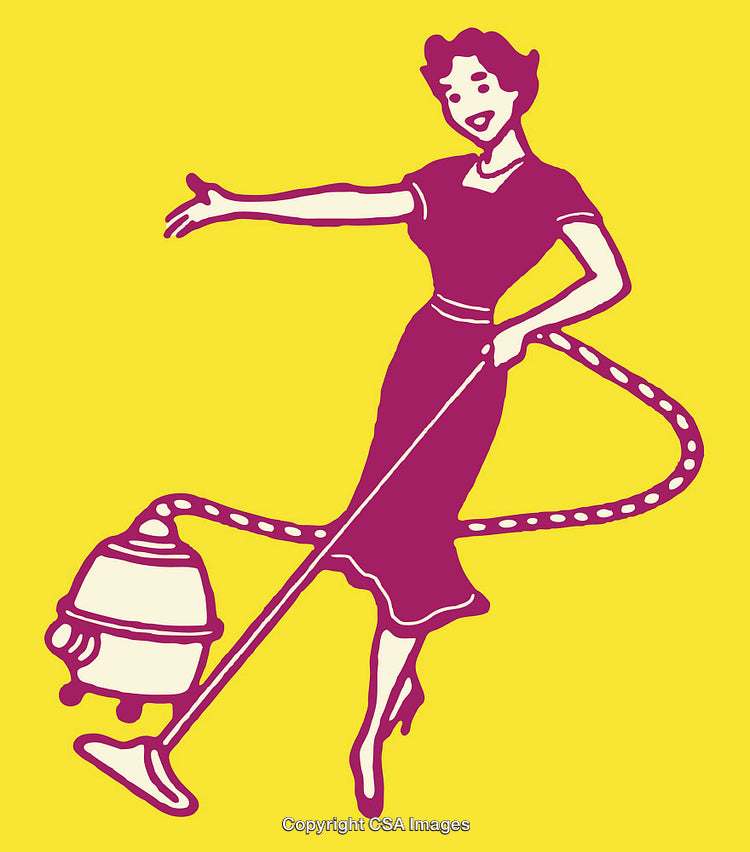 Retro Style Graphic of a Woman Using a Vacuum Cleaner