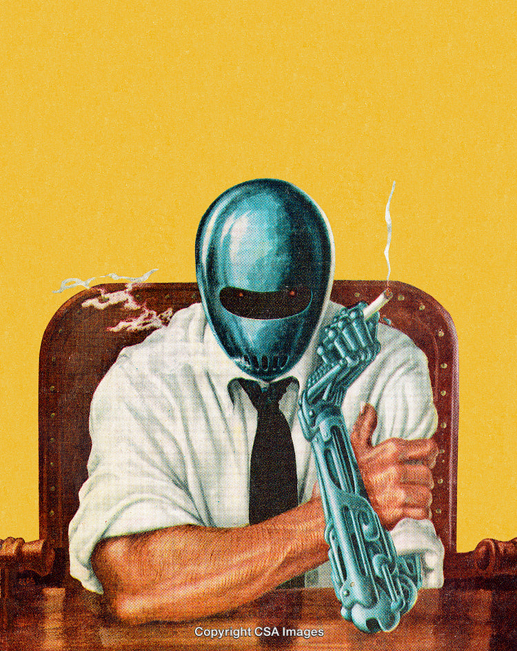 Futuristic Robot Office Worker with a Metallic Hand Smoking at a Desk