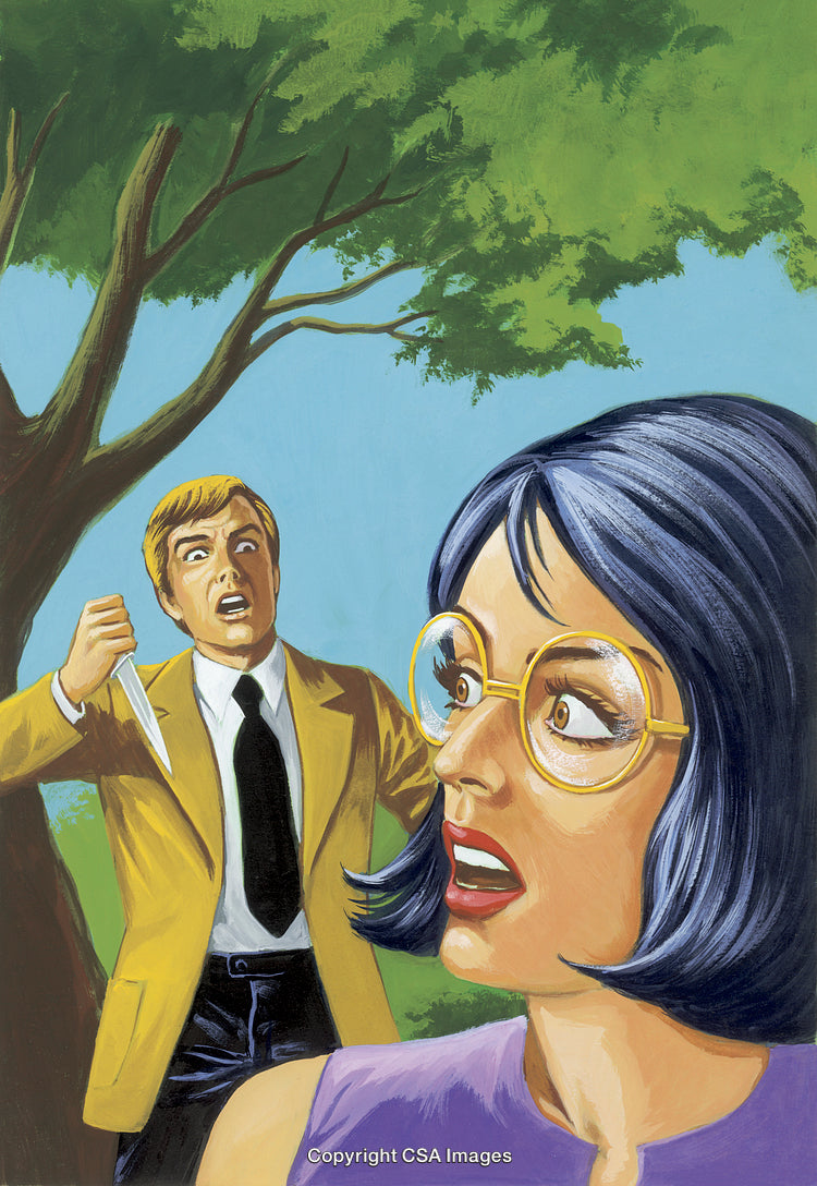 Suspenseful Scene of Alarmed Woman and Man Holding a Knife Outdoors