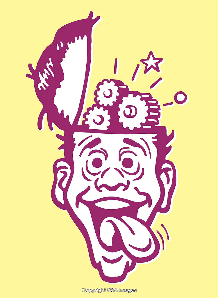Surreal Line Art Illustration of an Open Head and Cogwheels