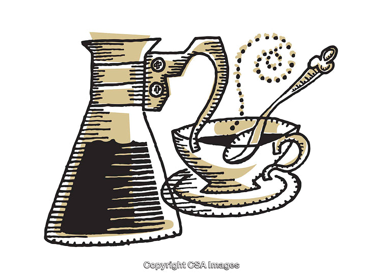 Artistic Illustration of Coffee Pot and Cup in Retro Style