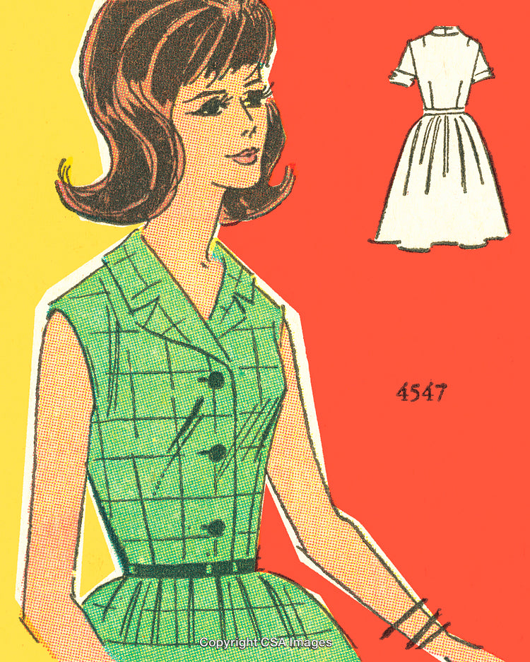 Vintage Sewing Pattern Drawing of a Woman Wearing a Stylish Dress