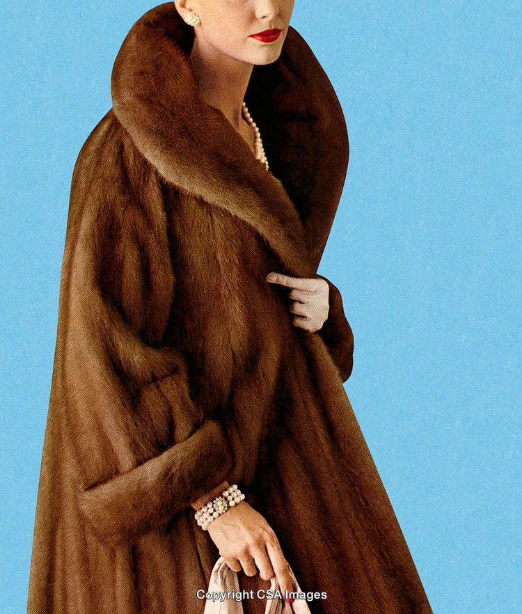 Elegant Woman in Brown Fur Coat Holding a Bag Against Blue Background