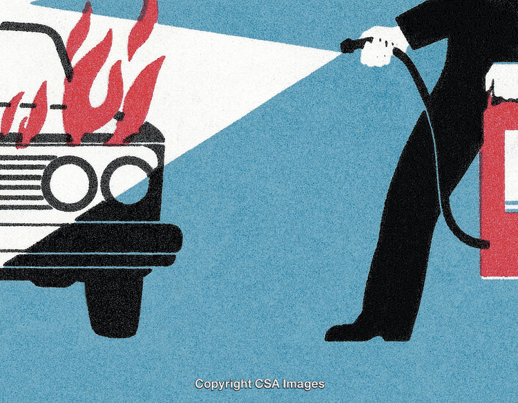 Illustration of Car Fire Being Extinguished by Firefighter Using Extinguisher