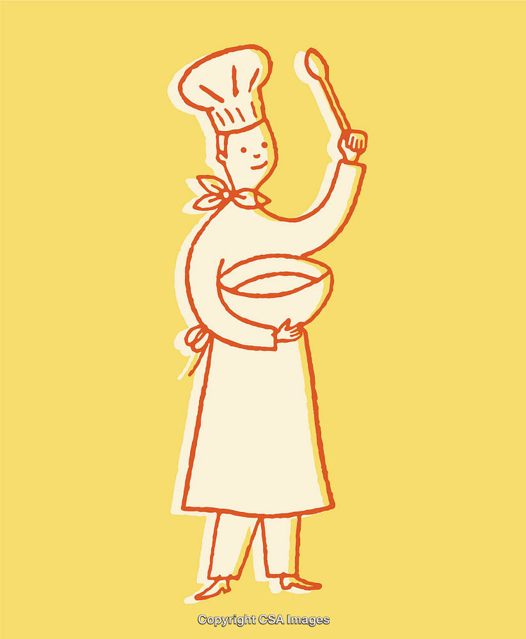 Colorful Drawing of a Chef Holding Bowl and Spoon on Yellow Background