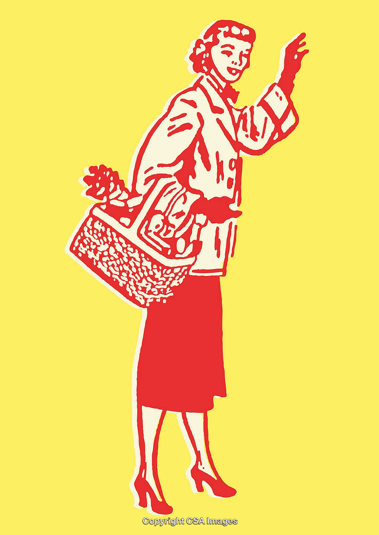 Retro Styled Illustration of a Woman Carrying a Basket with Groceries