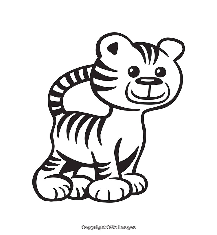 Black And White Line Art Illustration of a Smiling Tiger Character