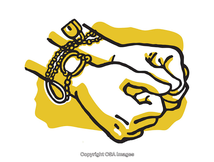 Stylized Illustration of Hands Clasped with a Key and Chain