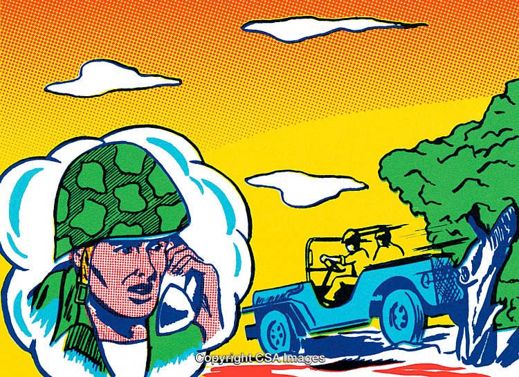 Retro Style Military Comic Art Depicting Soldier and Jeep Scene