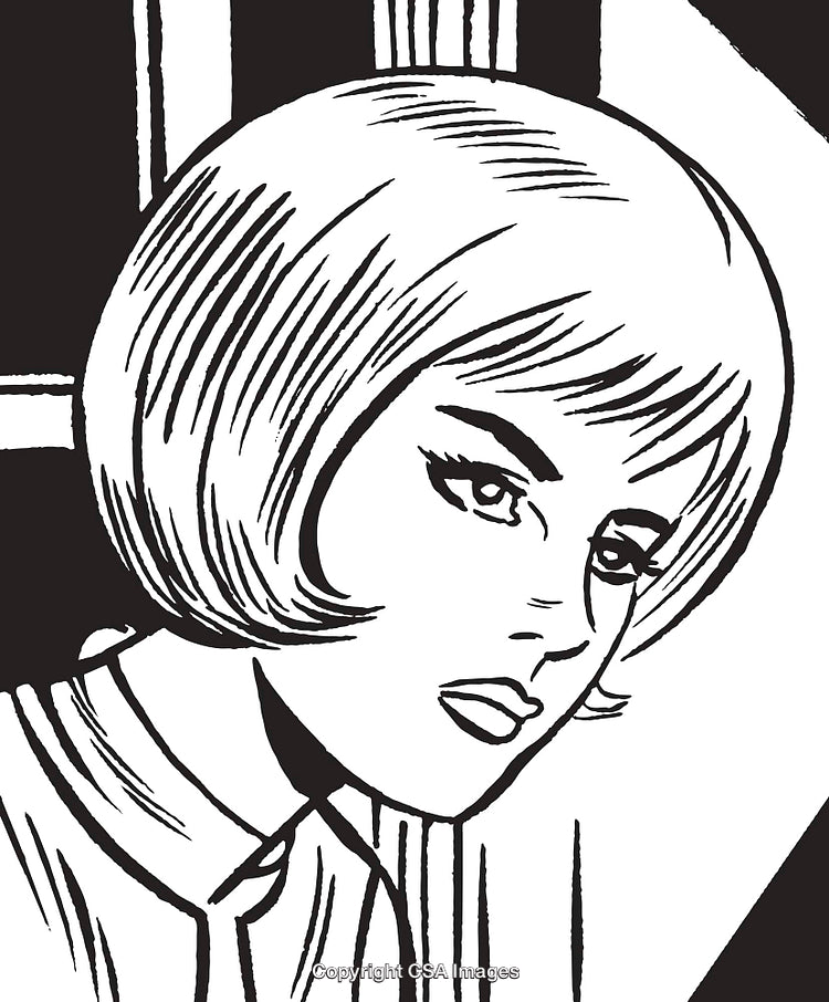 Monochrome Illustration of a Contemplative Woman with Bold Line Art Styling