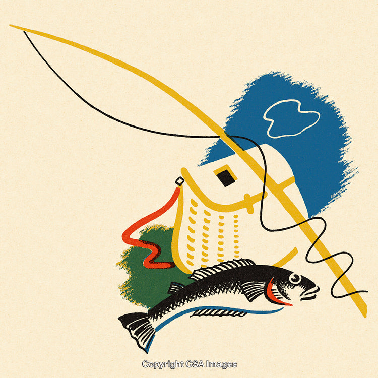 Vintage-Style Illustration Featuring Fishing Equipment and a Basket with a Caught Fish