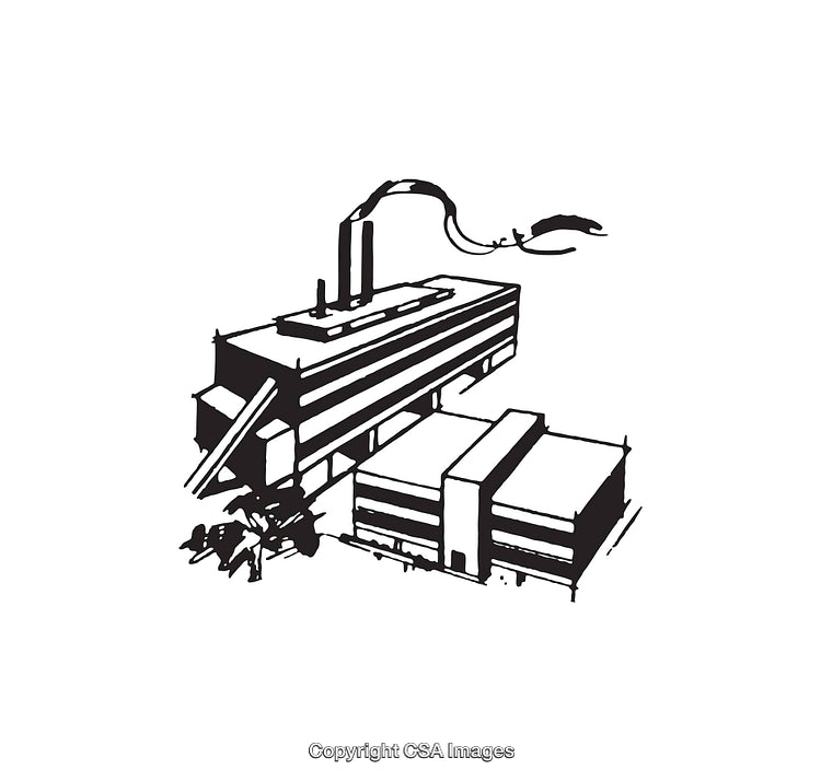 Black and White Line Illustration of a Factory Building with Smoke