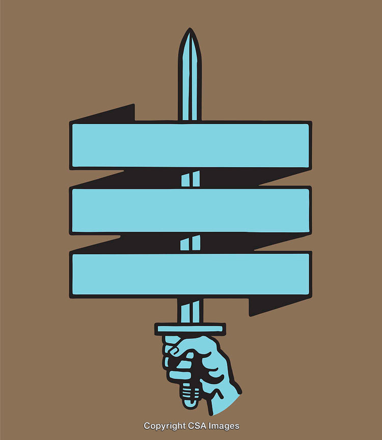 Hand Holding Sword and Ribbon Banner Illustration on Brown Background