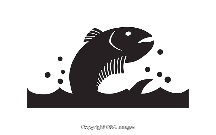 Black And White Illustration of Fish Jumping Out of Water with Bubbles