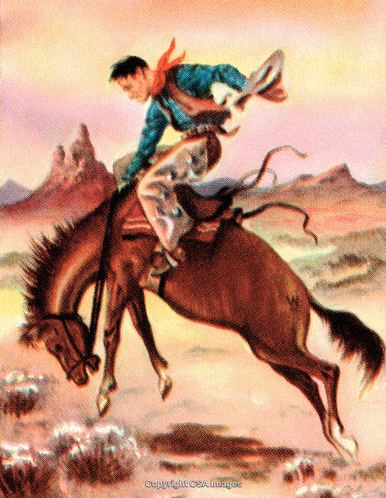 Cowboy Riding a Bucking Horse in a Desert Landscape
