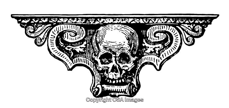 Intricate Black and White Engraving of Ornamental Skull Design