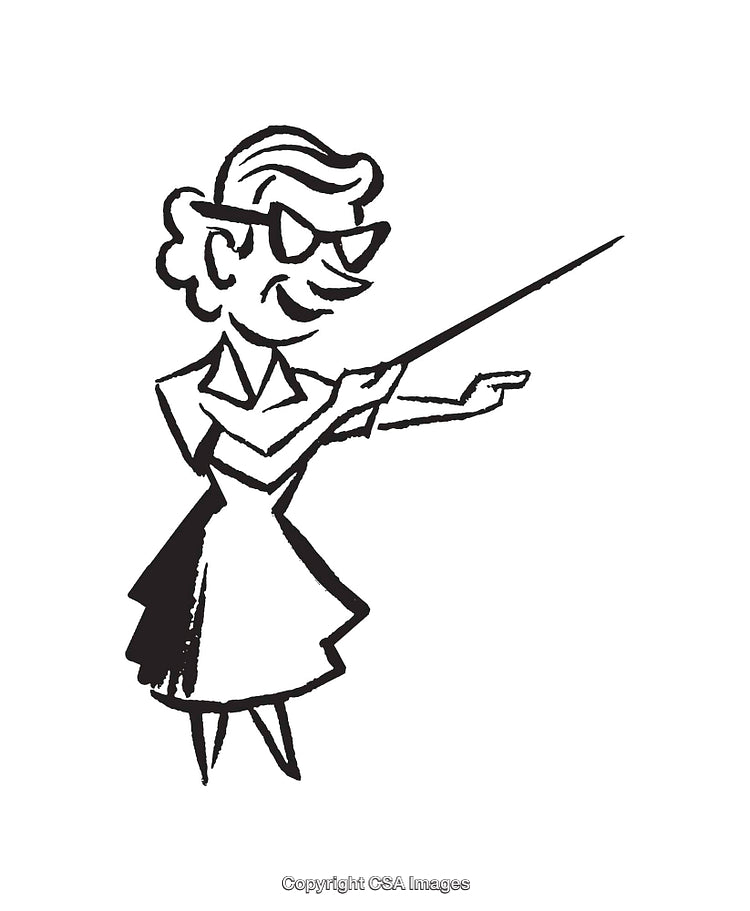 Vintage Line Art Illustration of a Woman Pointing with a Pointer