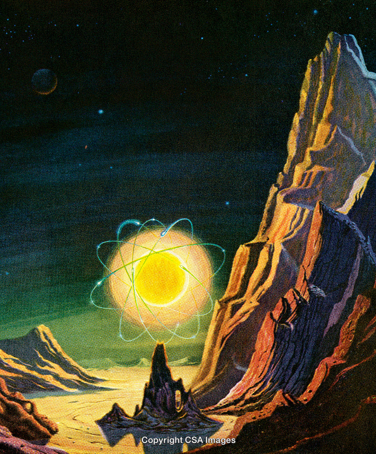 Surreal Cosmic Landscape with Glowing Sun and Alien Geology