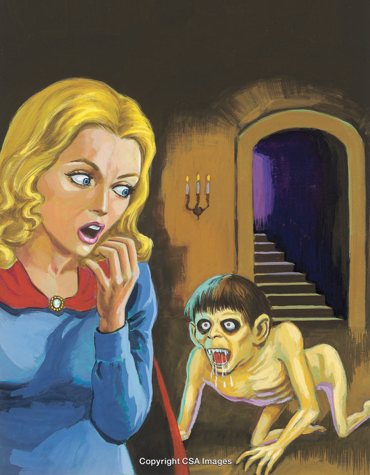 Terrifying Scene Depicting a Woman Encountering a Monstrous Creature Indoors