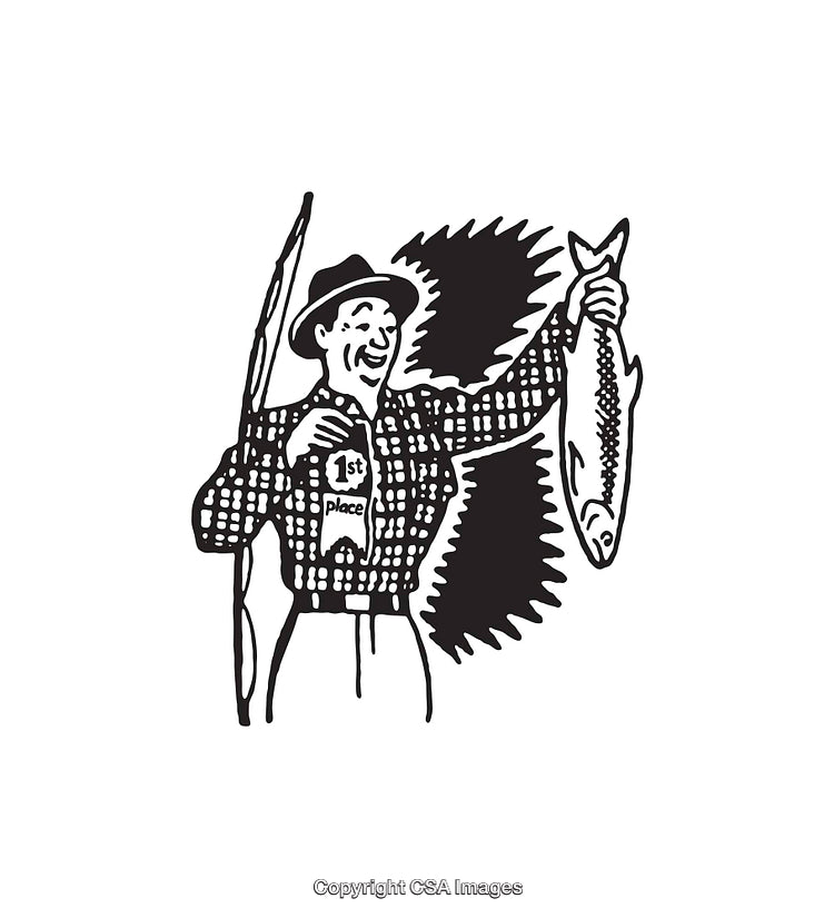 Black and White Illustration of a Fisherman Celebrating a First Place Win