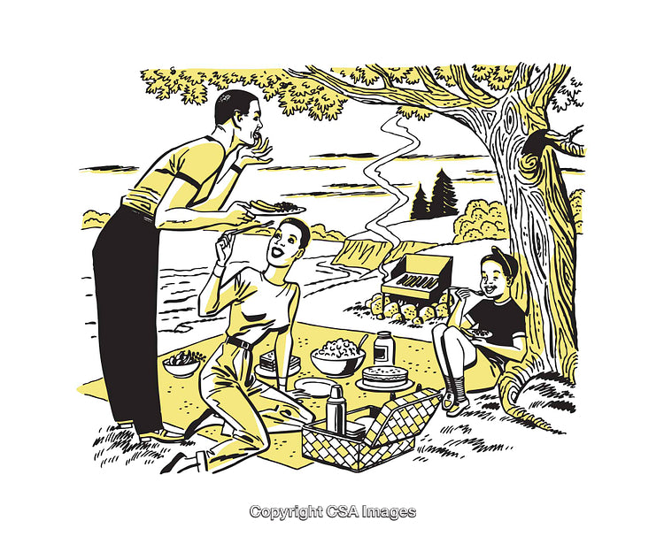 Retro Illustration of Family Picnic in Scenic Outdoor Setting