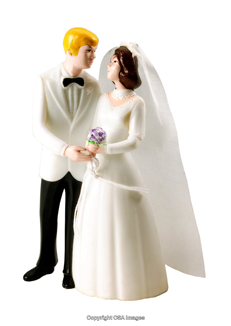 Plastic Bride and Groom Figurine in Wedding Attire Holding Flowers