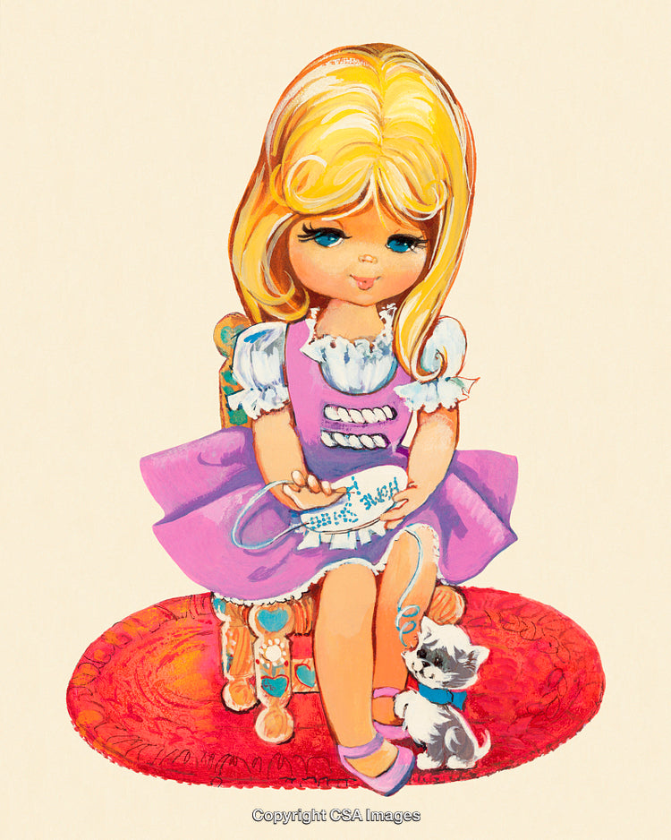 Cute Blond Girl With a Small Terrier Sitting on a Colorful Ottoman