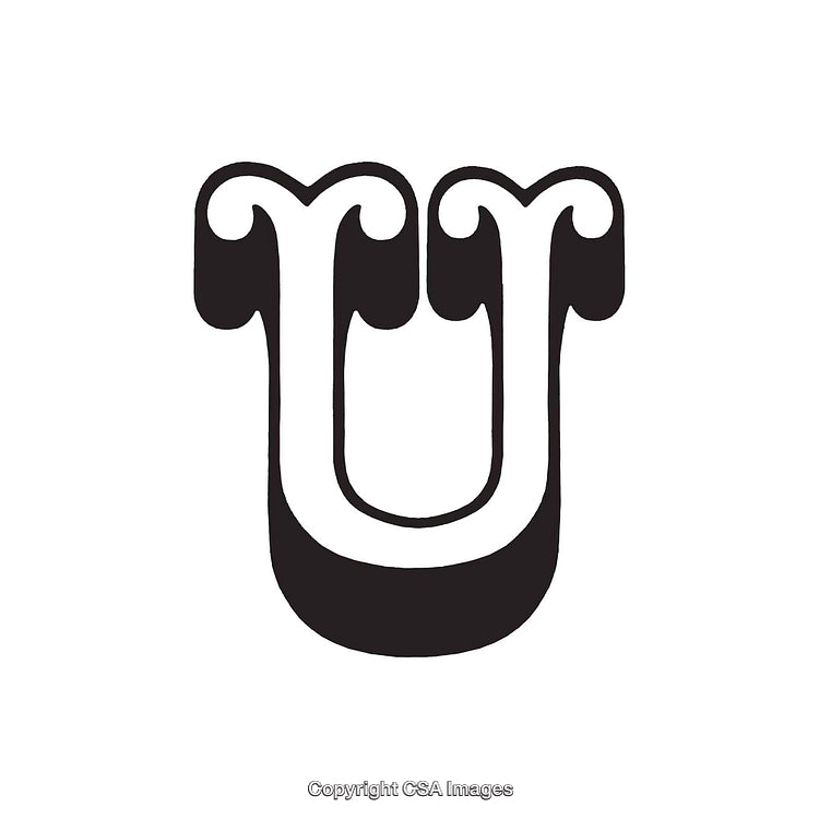 Stylized Black and White Calligraphy of the Letter U with Curved Edges