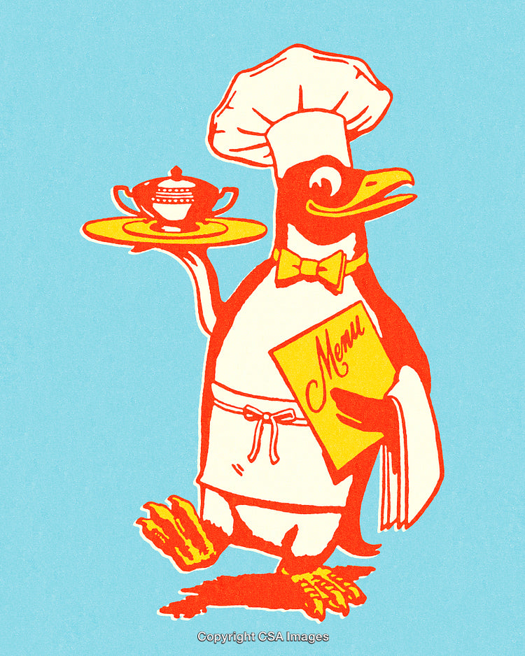 Vintage Illustration of a Chef Penguin Holding a Menu and Serving Dish
