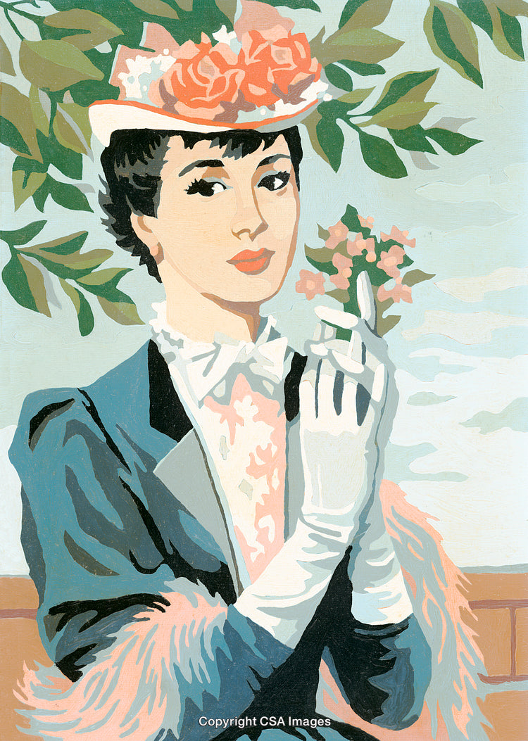 Elegant Woman Holding Flowers in Vintage Paint By Number Illustration Style