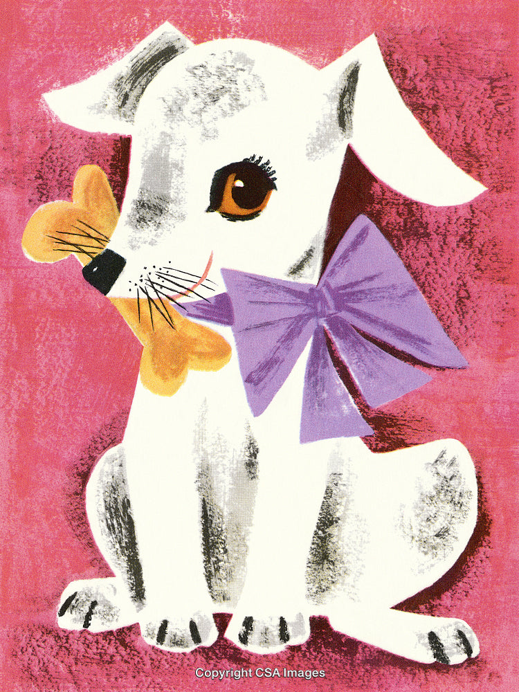 Vintage Illustration of a Cute Dog With Bow on a Pink Background