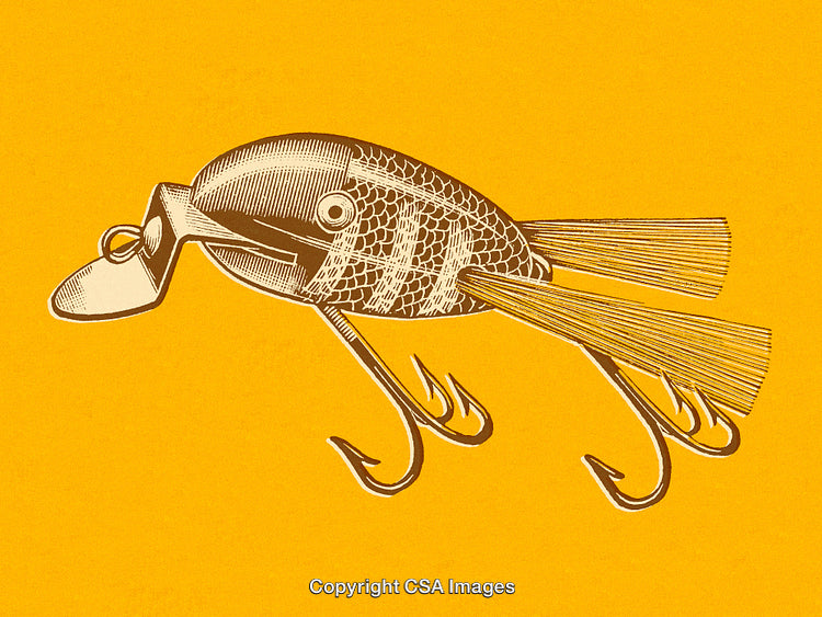 Vintage Graphic of Fishing Lure with Hooks on Yellow Background