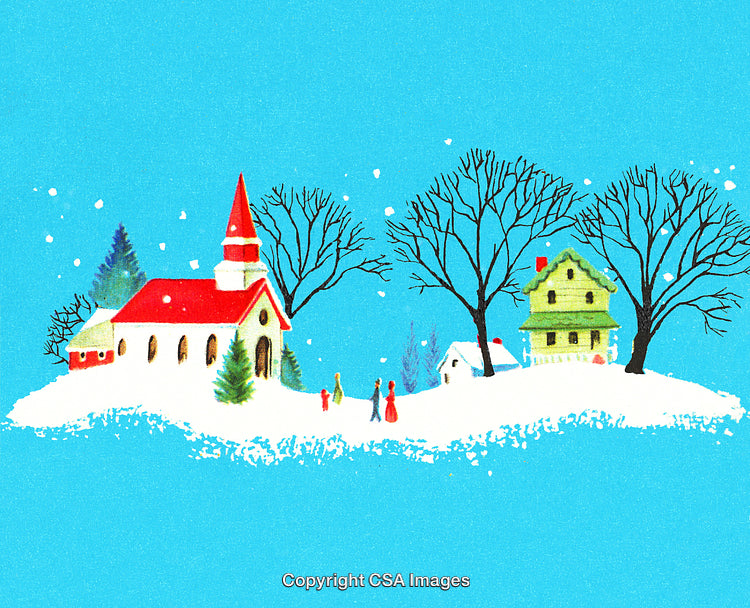 Charming Winter Village Scene With Snow, Church, and Festive Atmosphere