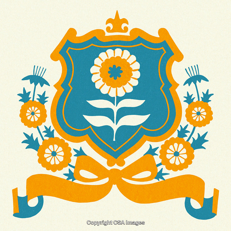 Floral Emblem with Shield and Ribbon in Blue and Orange Colors