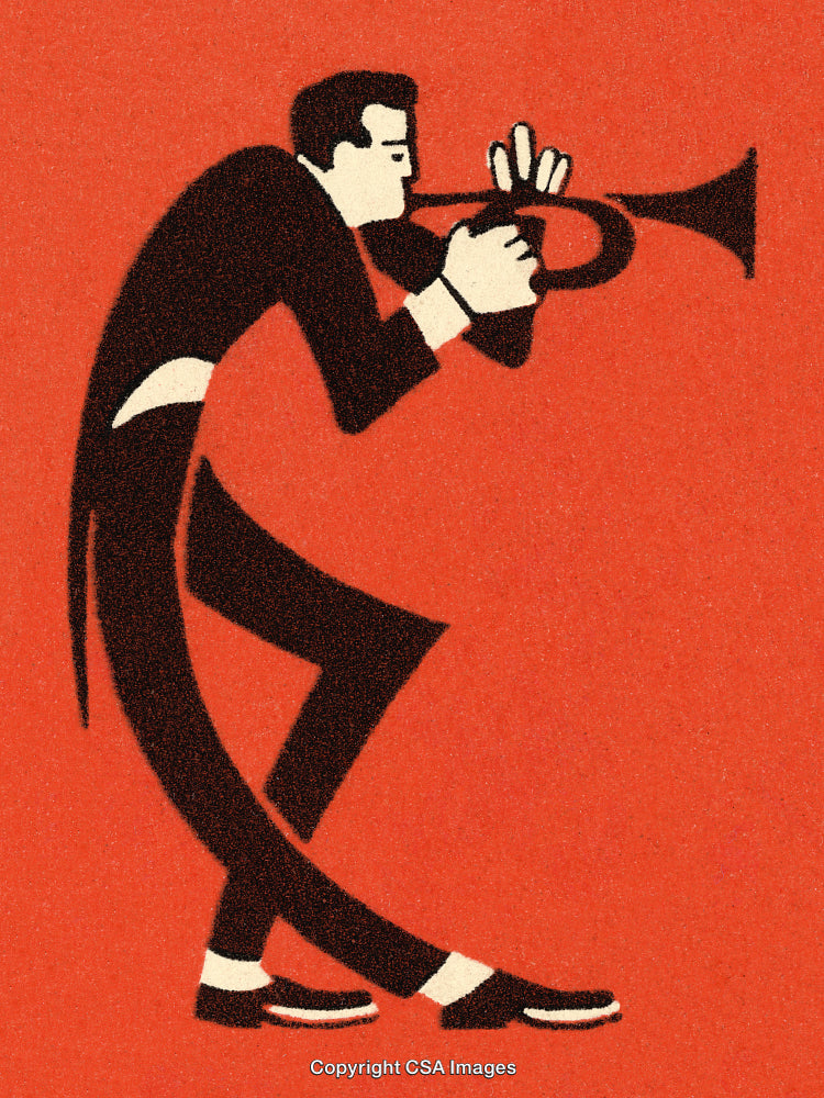 Stylized Illustration of Jazz Musician Playing Trumpet on Vibrant Red Background