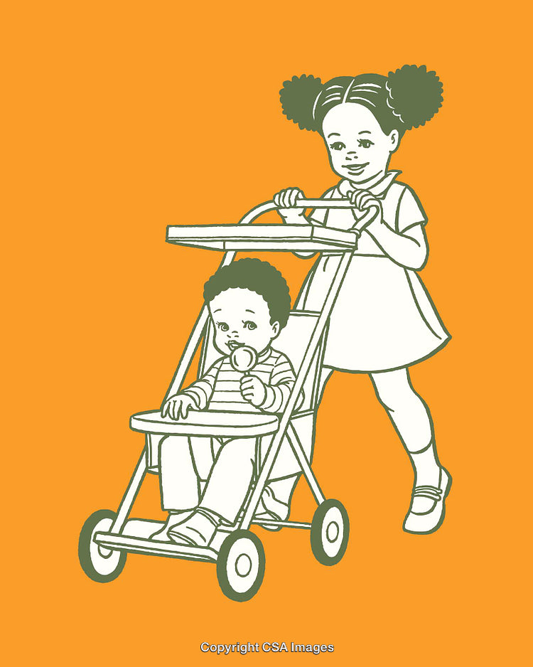 Illustration of a Girl Pushing a Stroller with a Toddler