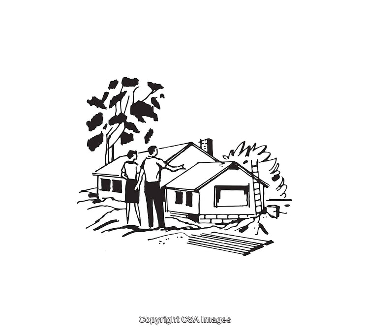 Black And White Illustration of a Couple Viewing a House With Trees
