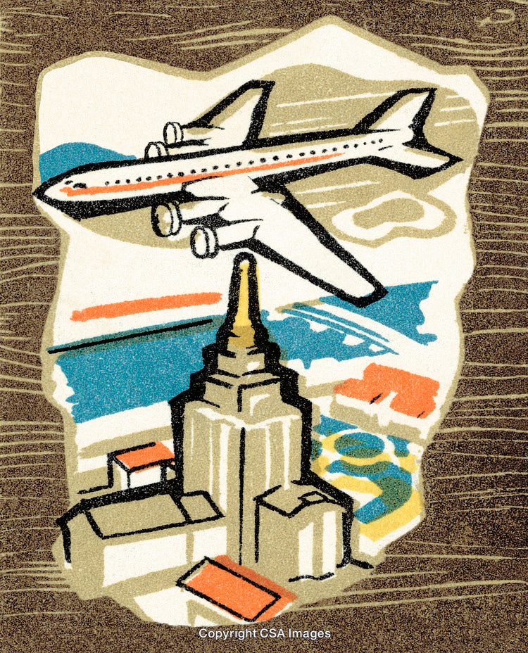 Vintage Style Illustration of Airplane Above a City with Prominent Landmark