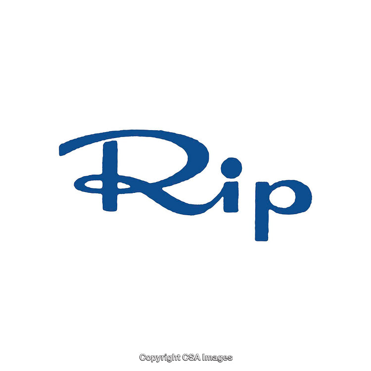 Bold Blue Scripted Text Depicting the Word Rip on White Background