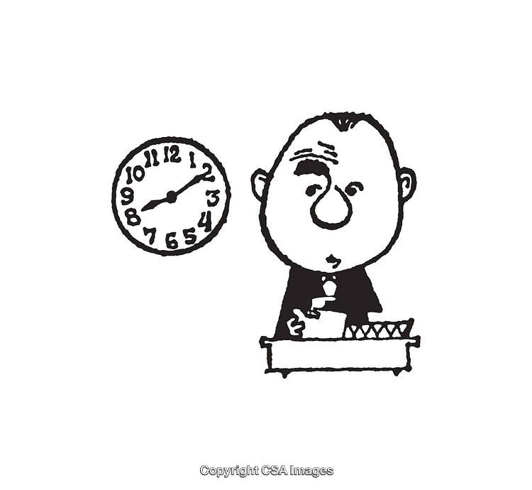 Black and White Cartoon Figure with Clock and Desk Illustration