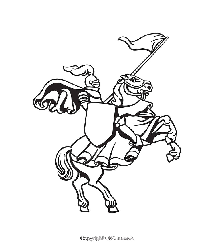 Medieval Knight on Horseback Line Art Illustration with Armor and Shield