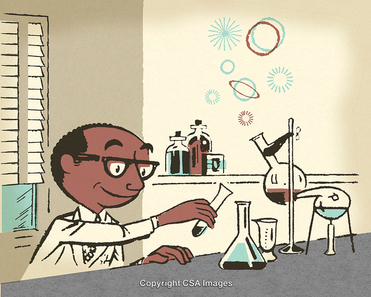 Scientist Conducting Experiment in Laboratory with Vintage Illustrative Style Art
