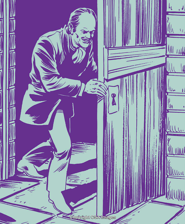 Illustration of a Man Entering Through a Wooden Door in Purple Tones