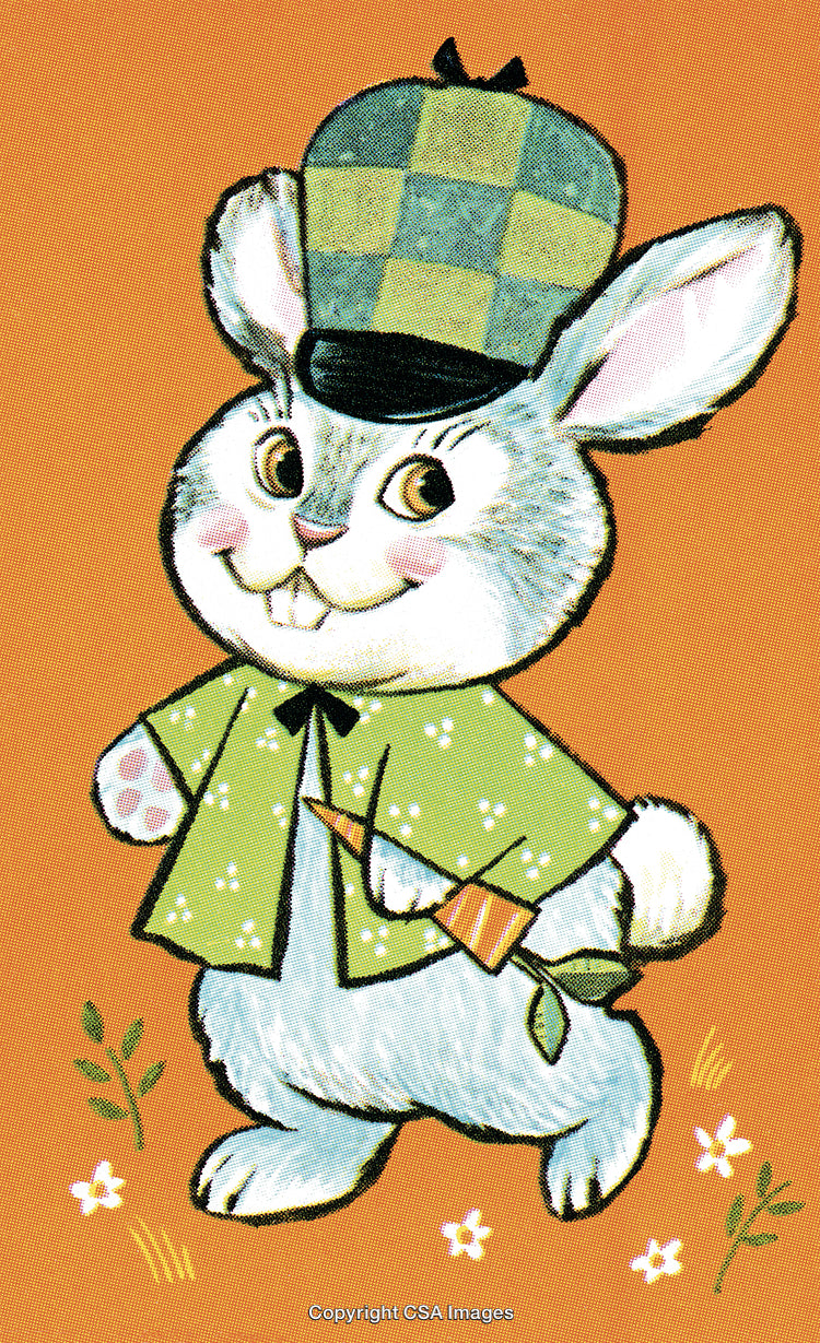 Cute Cartoon Rabbit Holding a Carrot With an Orange Background