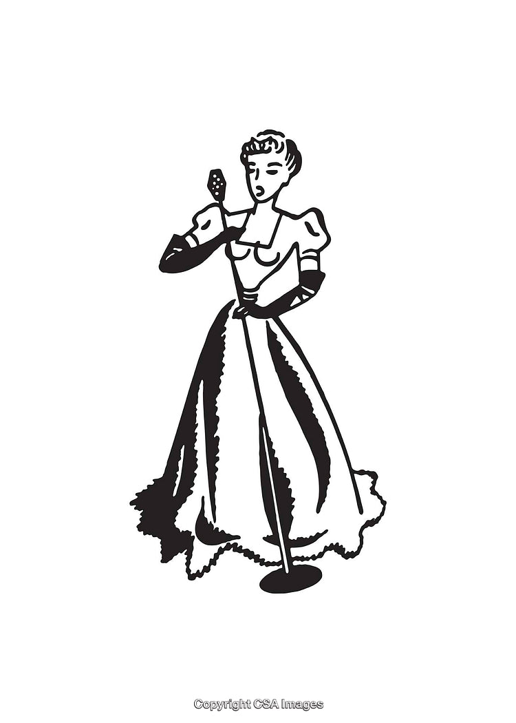 Vintage Line Art of a Woman Singing into a Microphone