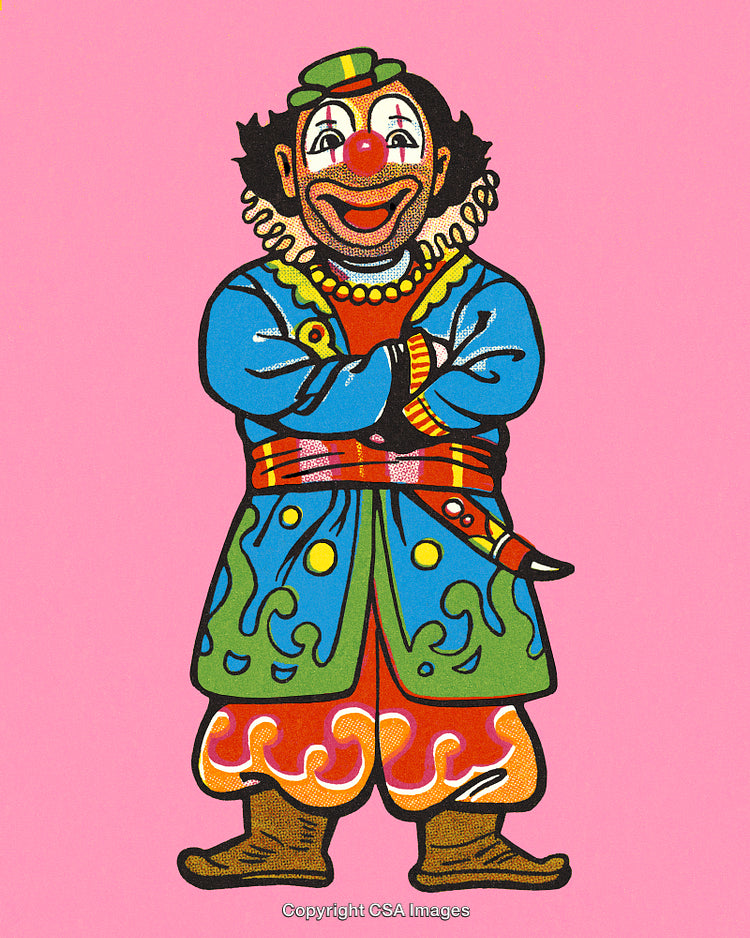 Colorful Cartoon Clown with Vibrant Outfit on a Pink Background