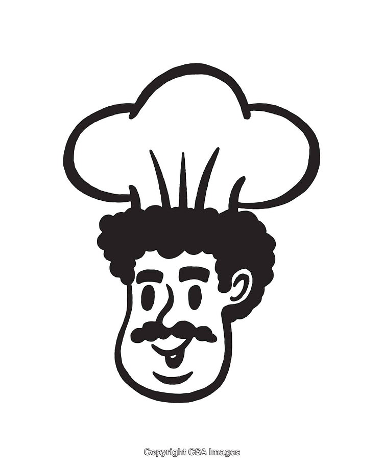 Playful Chef Icon in Black and White Cartoon Style Line Art
