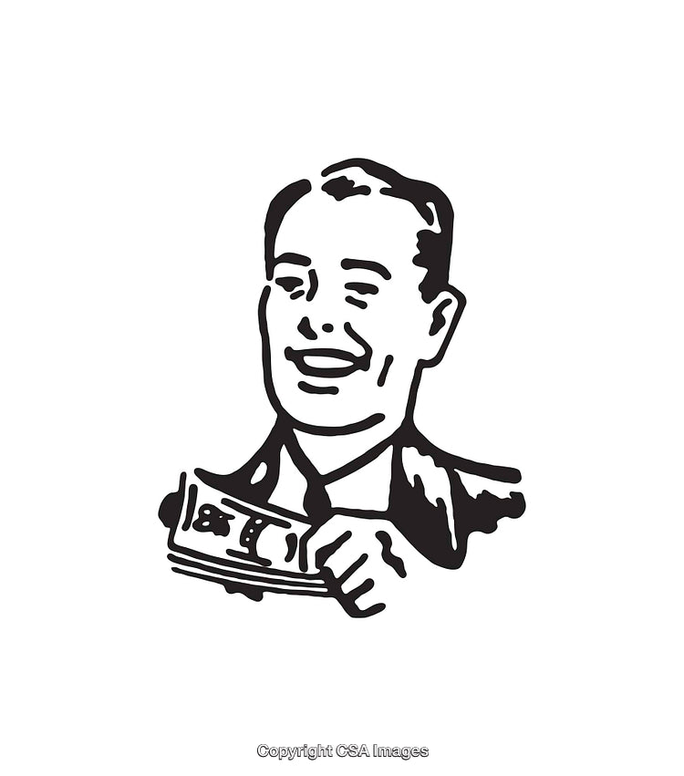 Retro Style Line Art of Smiling Businessman Holding Money
